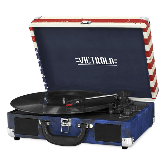 Portable Victrola Suitcase Record Player with Bluetooth and 3 Speed Turntable, Plaid Print