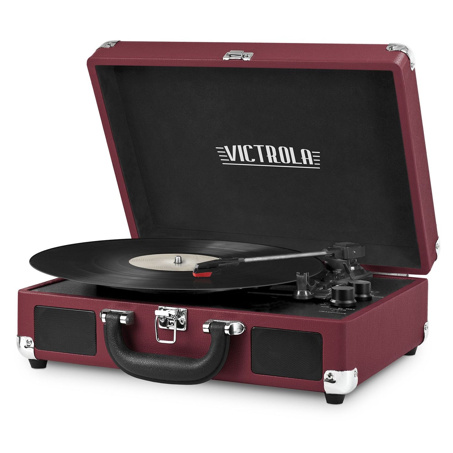 Portable Victrola Suitcase Record Player with Bluetooth and 3 Speed Turntable, Geometric Print