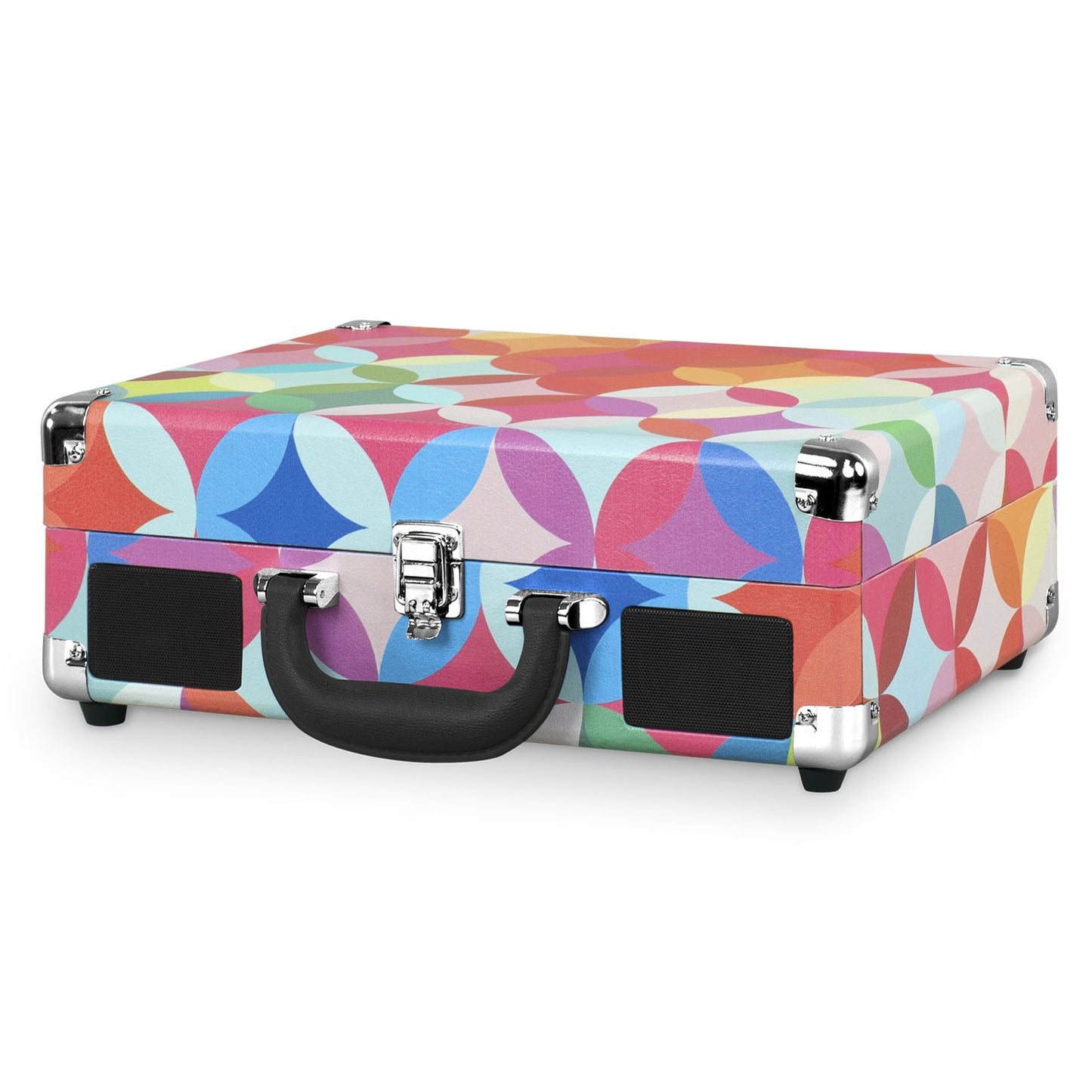 Portable Victrola Suitcase Record Player with Bluetooth and 3 Speed Turntable, Geometric Print