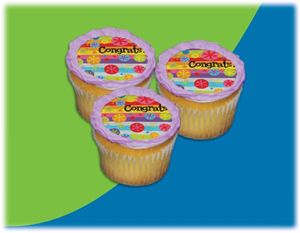 UB FUN A17974-06 CONGRATS BUBBLE BURST ICING SHEET 2.2 inches CUPCAKE