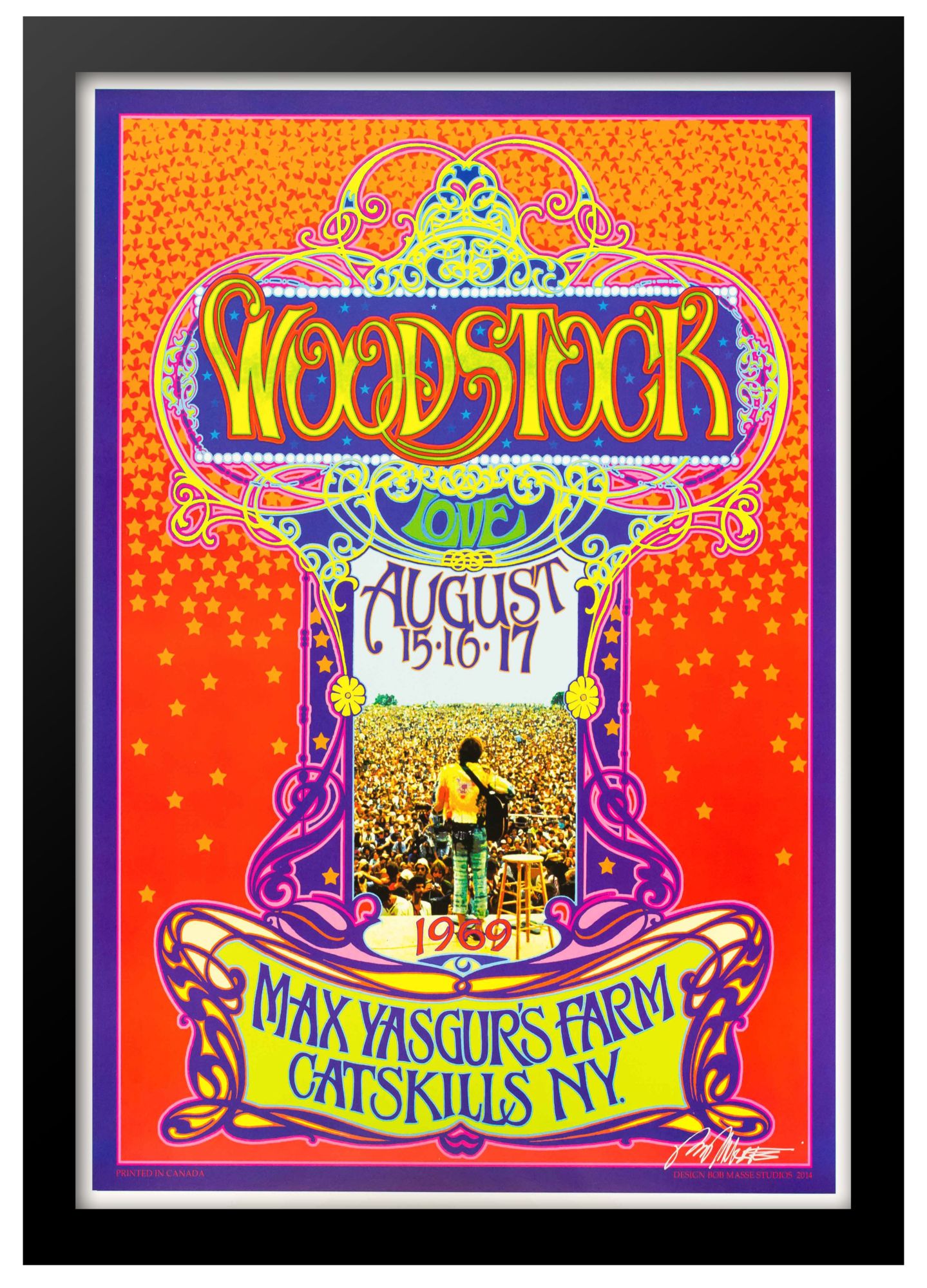 Concert poster designed by Bob Masse for Woodstock festival at Max Yasgur's Farm in NY on August 15, 16, 17, 1969
