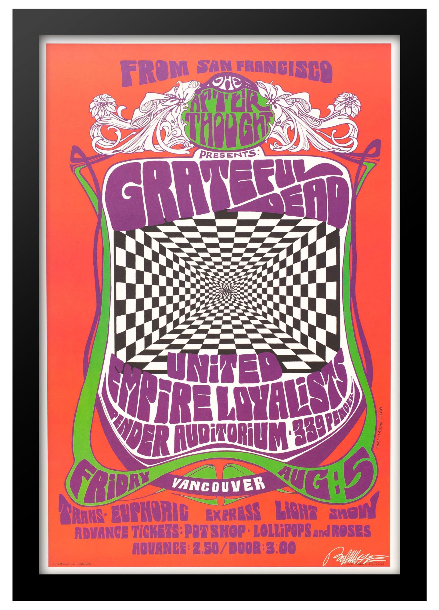 Concert poster designed by Bob Masse for Grateful Dead at the Pender Auditorium in Vancouver.
