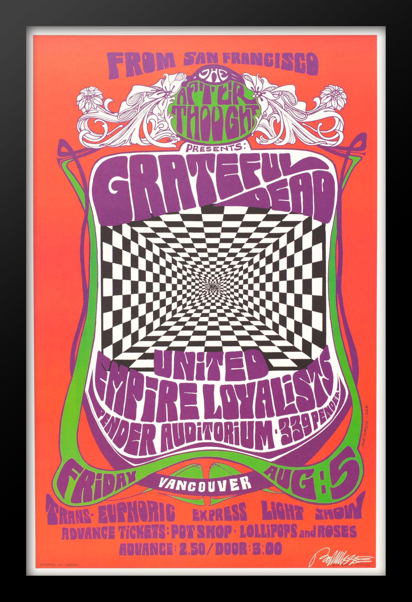 Concert poster designed by Bob Masse for Grateful Dead at the Pender Auditorium in Vancouver.