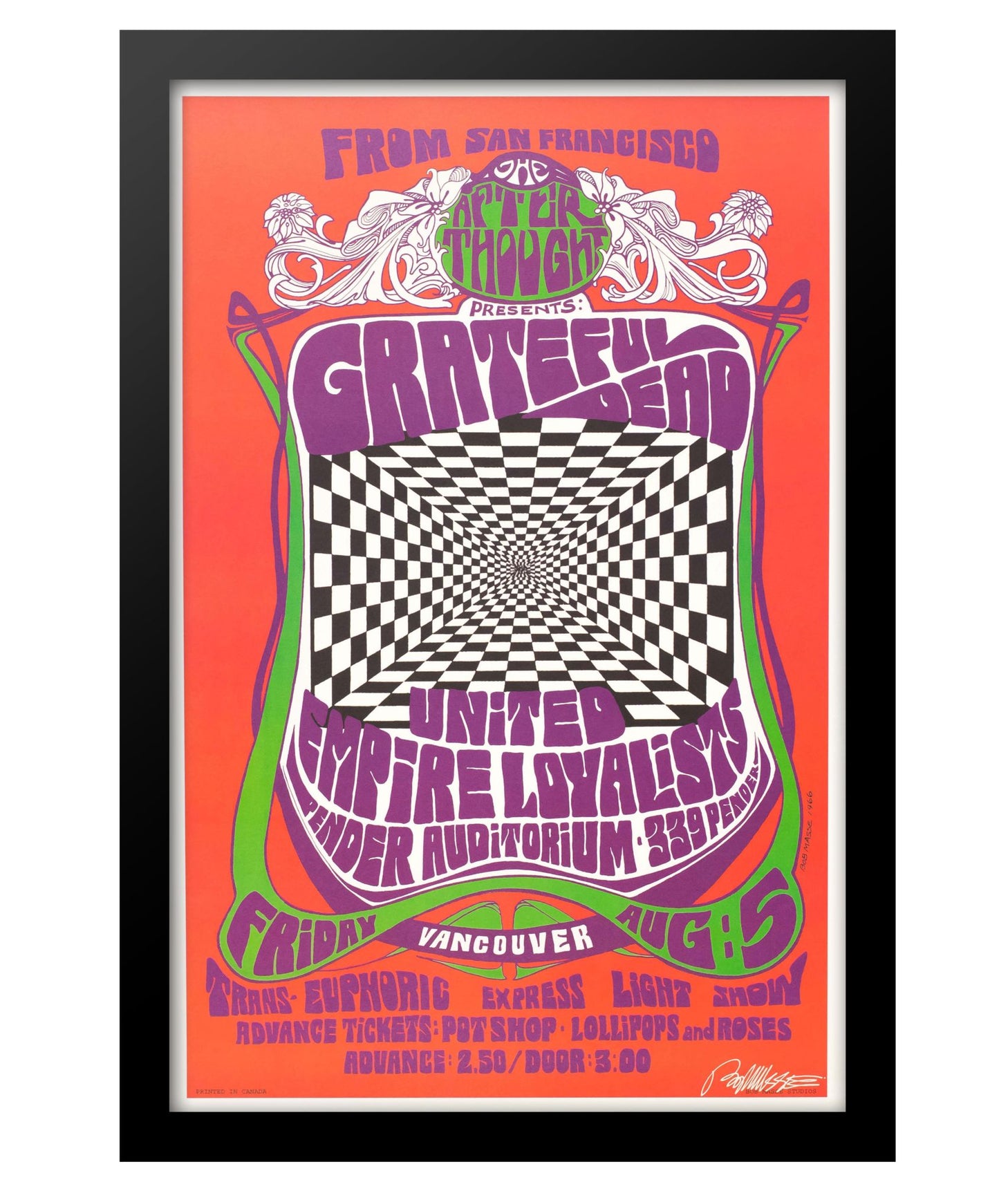 Concert poster designed for Grateful Dead at the Pender Auditorium in Vancouver on Friday, August 5th.