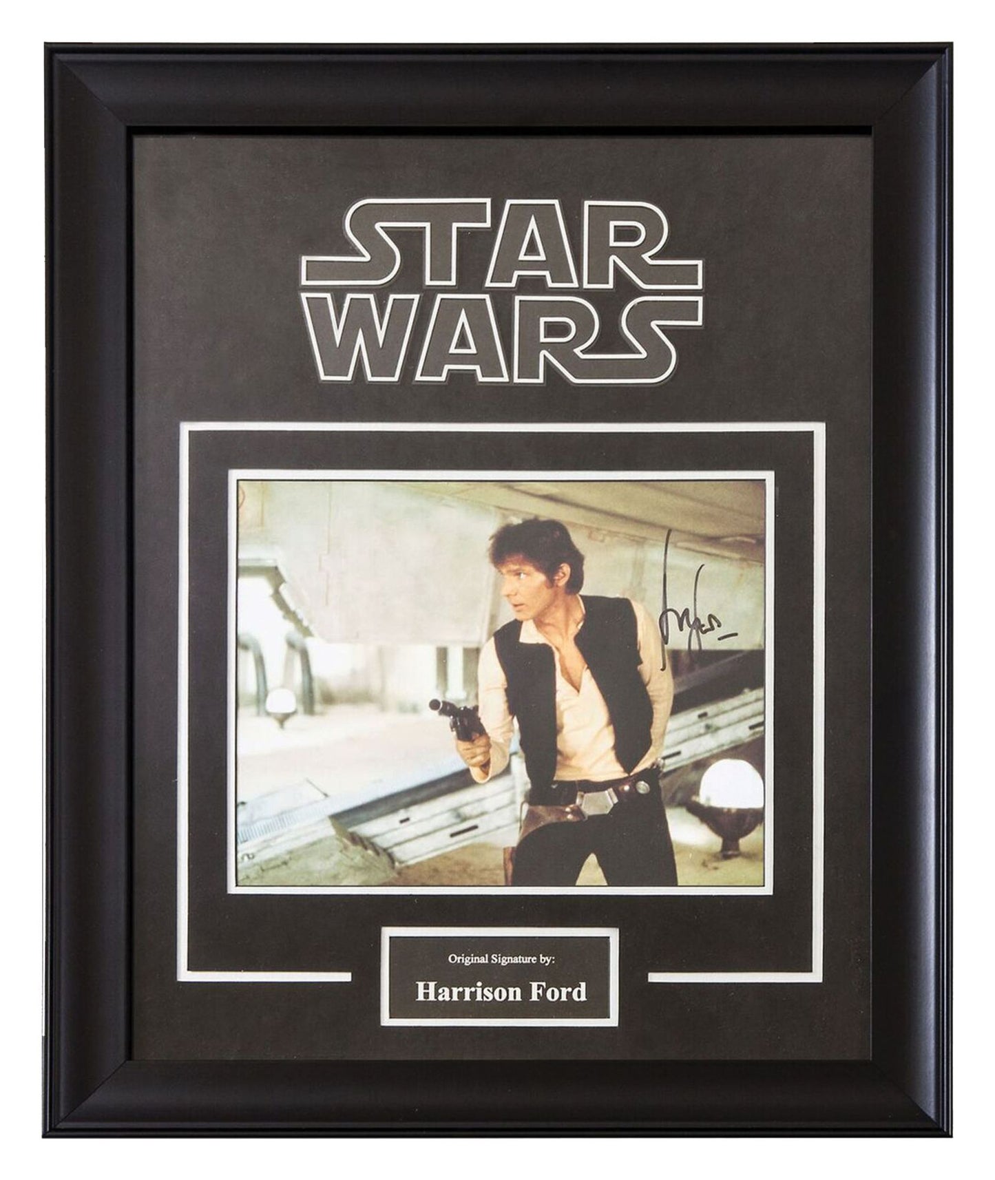 "Star Wars" cutout. Features signed old photo of Harrison Ford as Han Solo