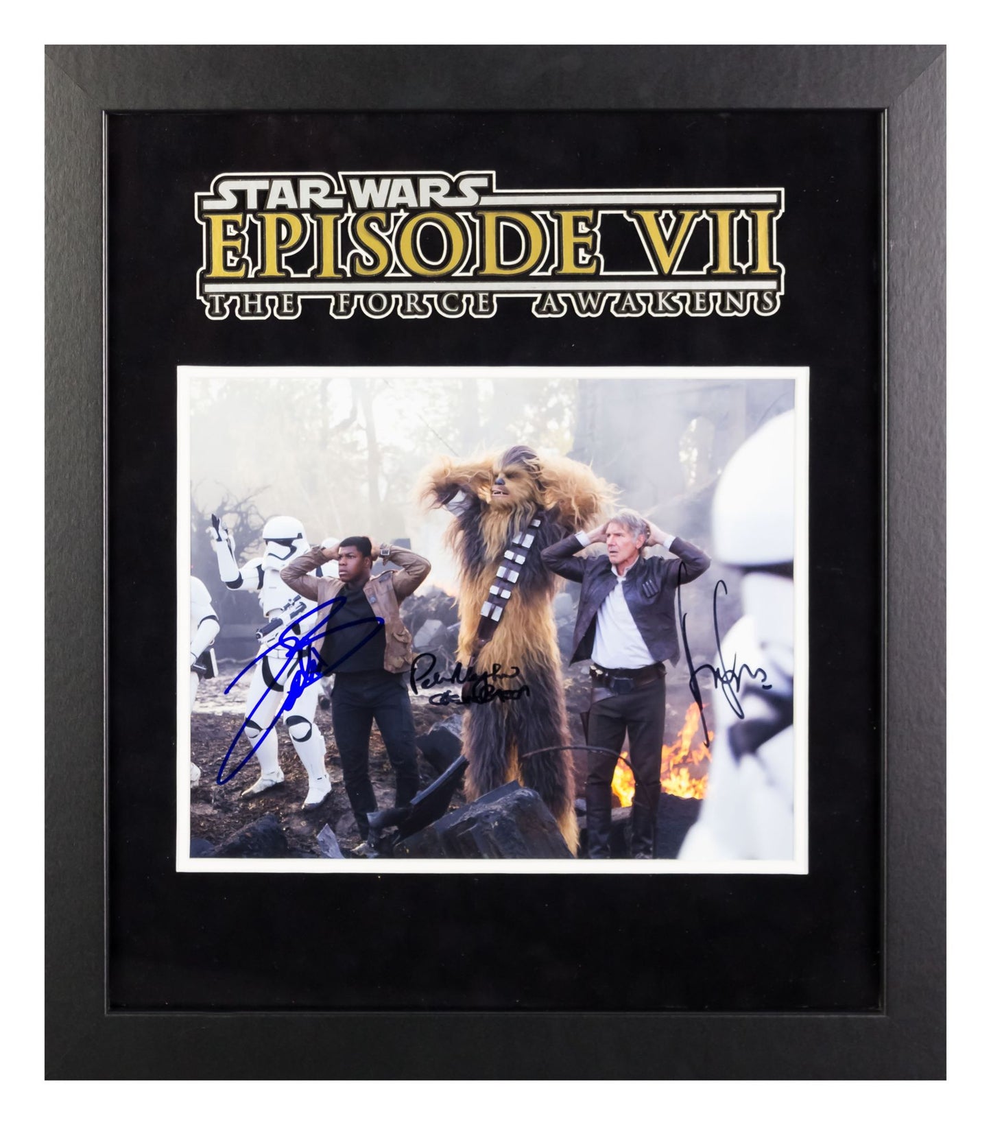 Star Wars - Signed The Force Awakens Movie Photo - Features classic photo of The Force Awakens, signed by Harrison Ford, Peter Mayhew, John Boyega,