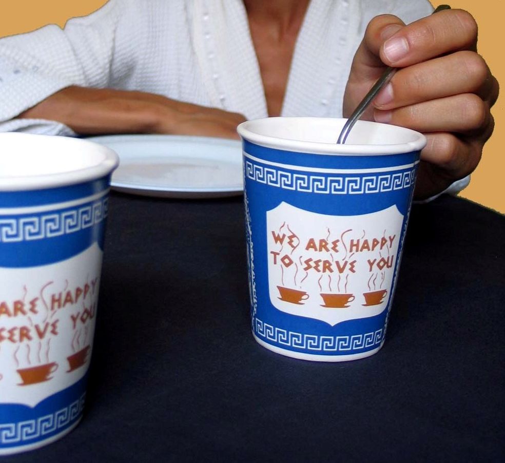 "We Are Happy To Serve You" Ceramic Cup, 10 oz.