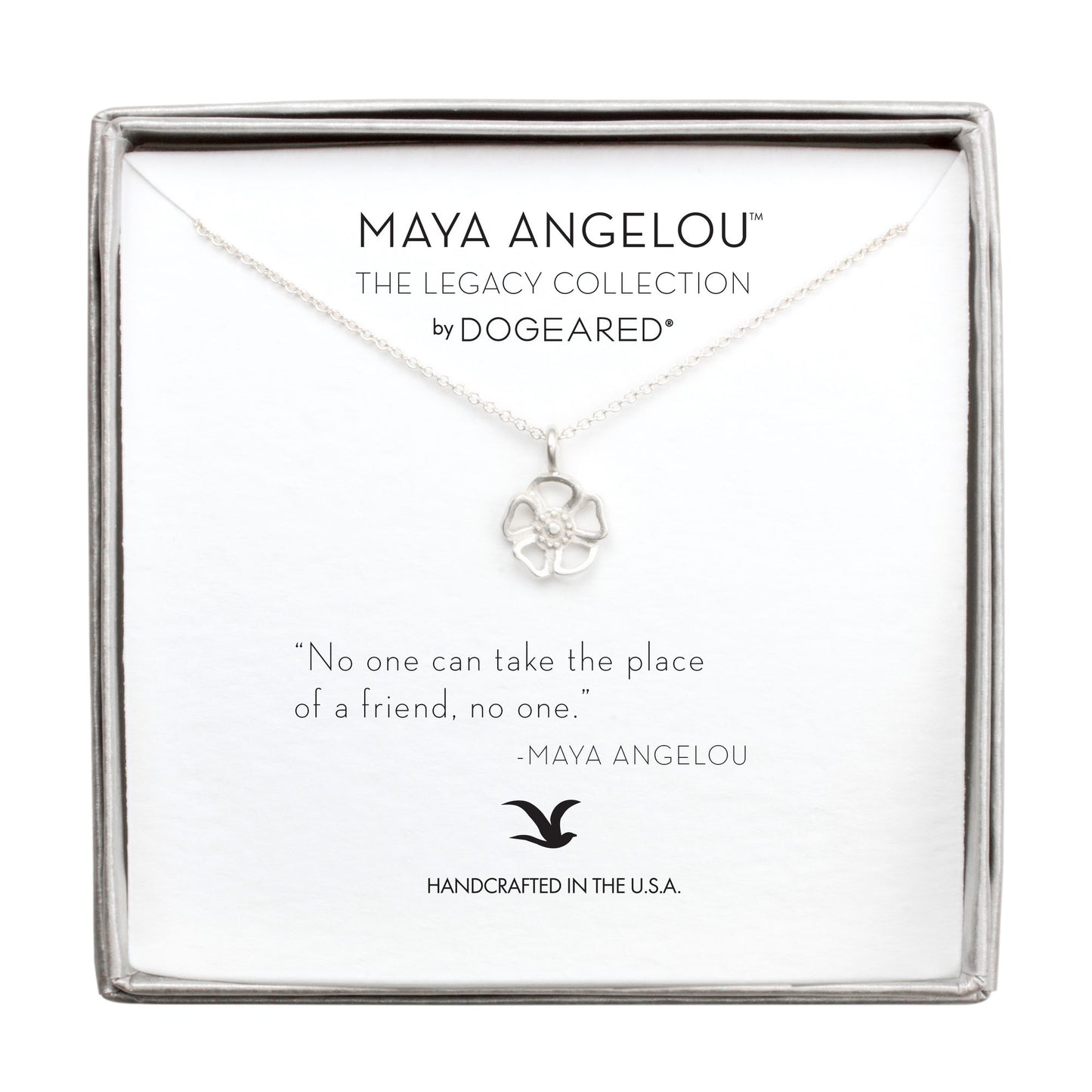 Maya Angelou ''No One Can Take the Place of a Friend'' Cutout Flower Necklace, Sterling Silver, 16''