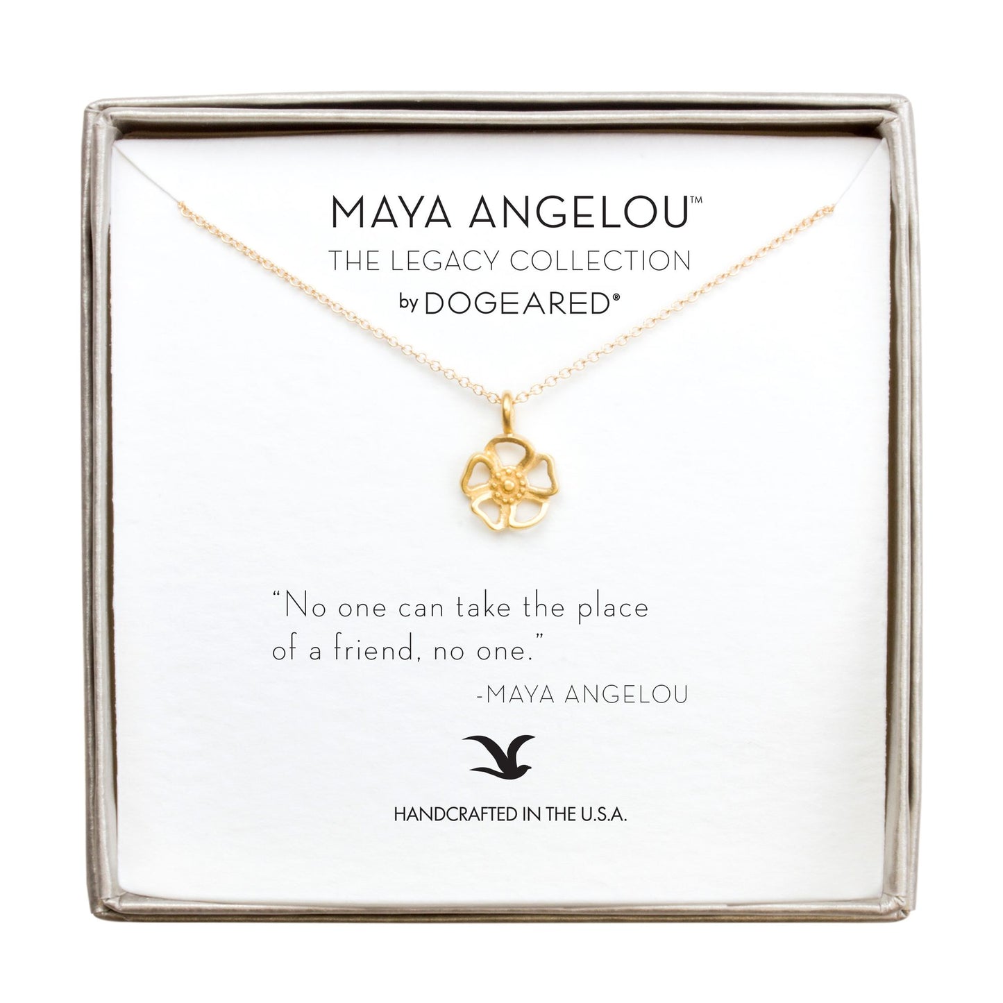 Maya Angelou ''No One Can Take the Place of a Friend'' Cutout Flower Necklace, Gold, 16''