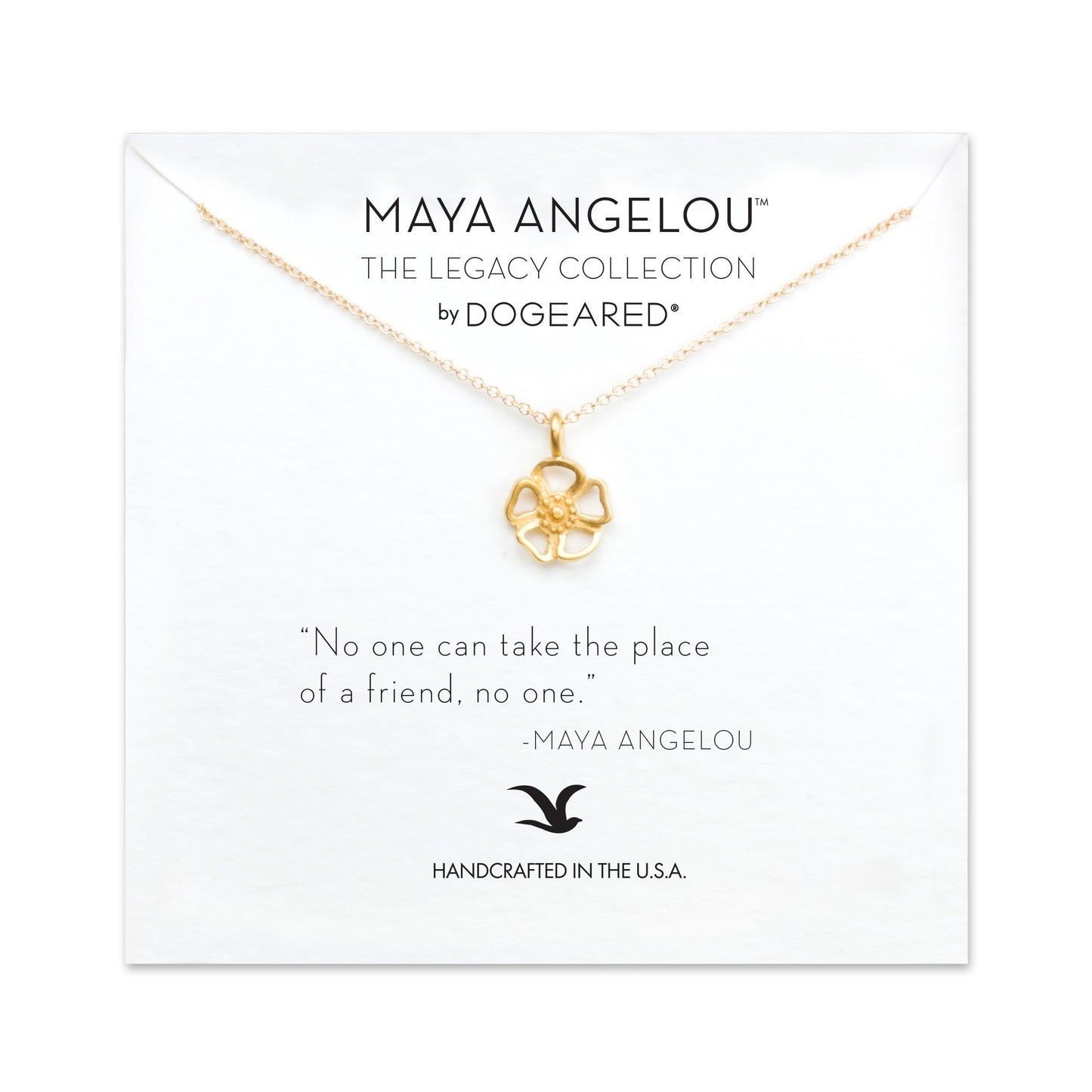 Maya Angelou ''No One Can Take the Place of a Friend'' Cutout Flower Necklace, Gold, 16''