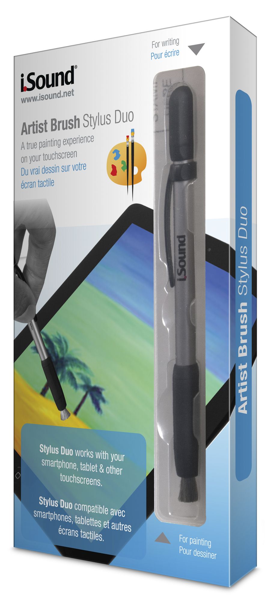 Artist Brush Stylus Duo for Tablets, Smartphones, and for capacitive touch screens. Brush tip for use with your favorite drawing and art applications. Rubber stylus nib on opposite side perfect for navigation.