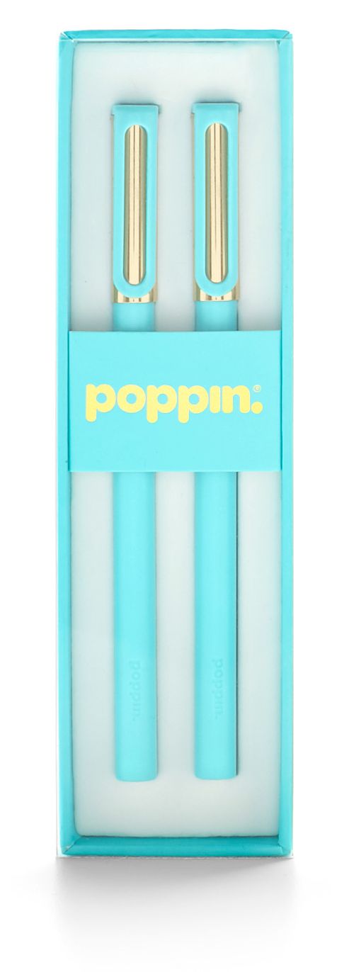 Aqua + Gold Tip-Top Rollerball Pens With Blue Ink, Set of 2