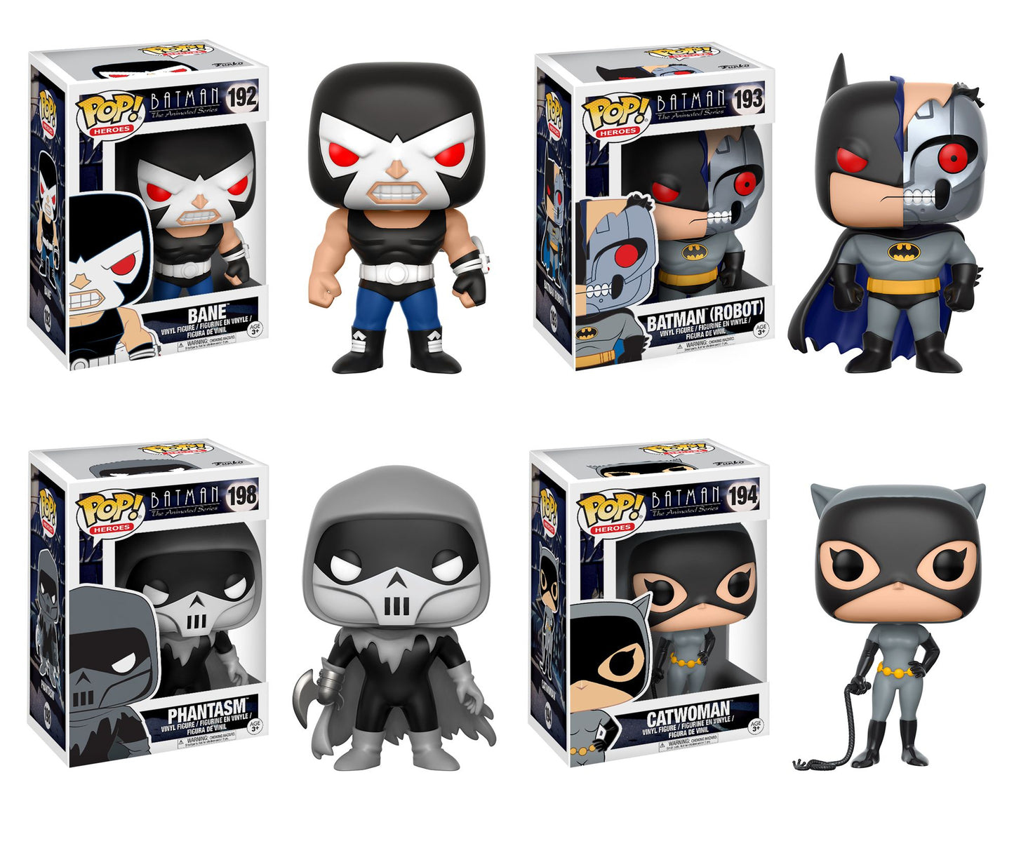 Funko POP! Heroes Animated Batman Collectors Set; Robot Batman, Bane, Phantasm, Catwoman.