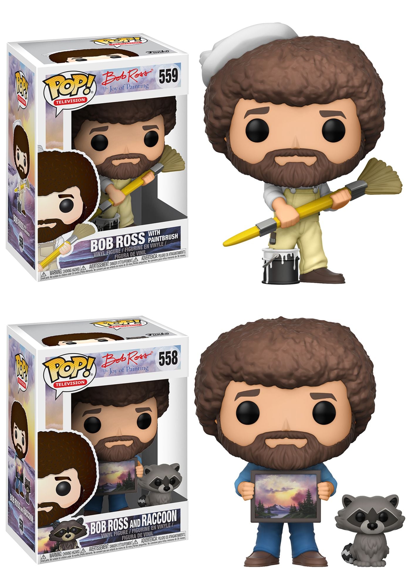 Funko POP! TV Bob Ross Collectors Set 2; Bob Ross in Overalls, Bob Ross & Raccoon (Limited chase item is Bob Ross & Hoot the Owl)