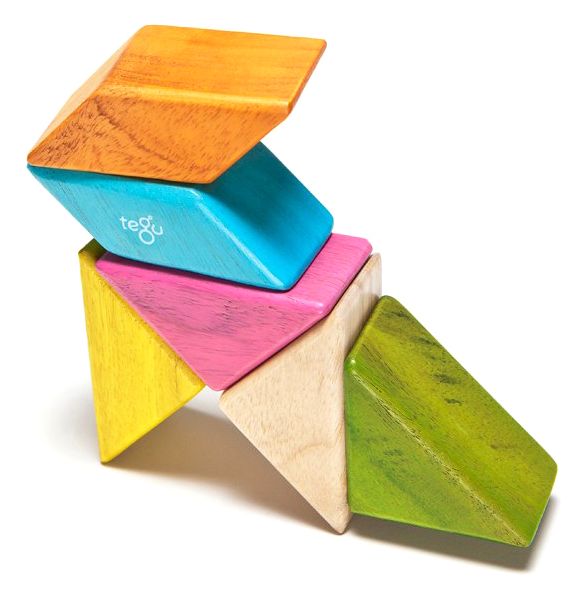 6 Piece Tegu Pocket Pouch Prism Magnetic Wooden Block Set, Tints