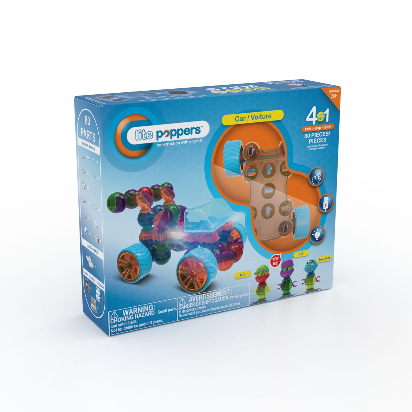 Lite Poppers STEM Learning 4 in 1 Car Construction Toy Kit- LED Light, Build and Play Model Cars- Creates 4 Cars