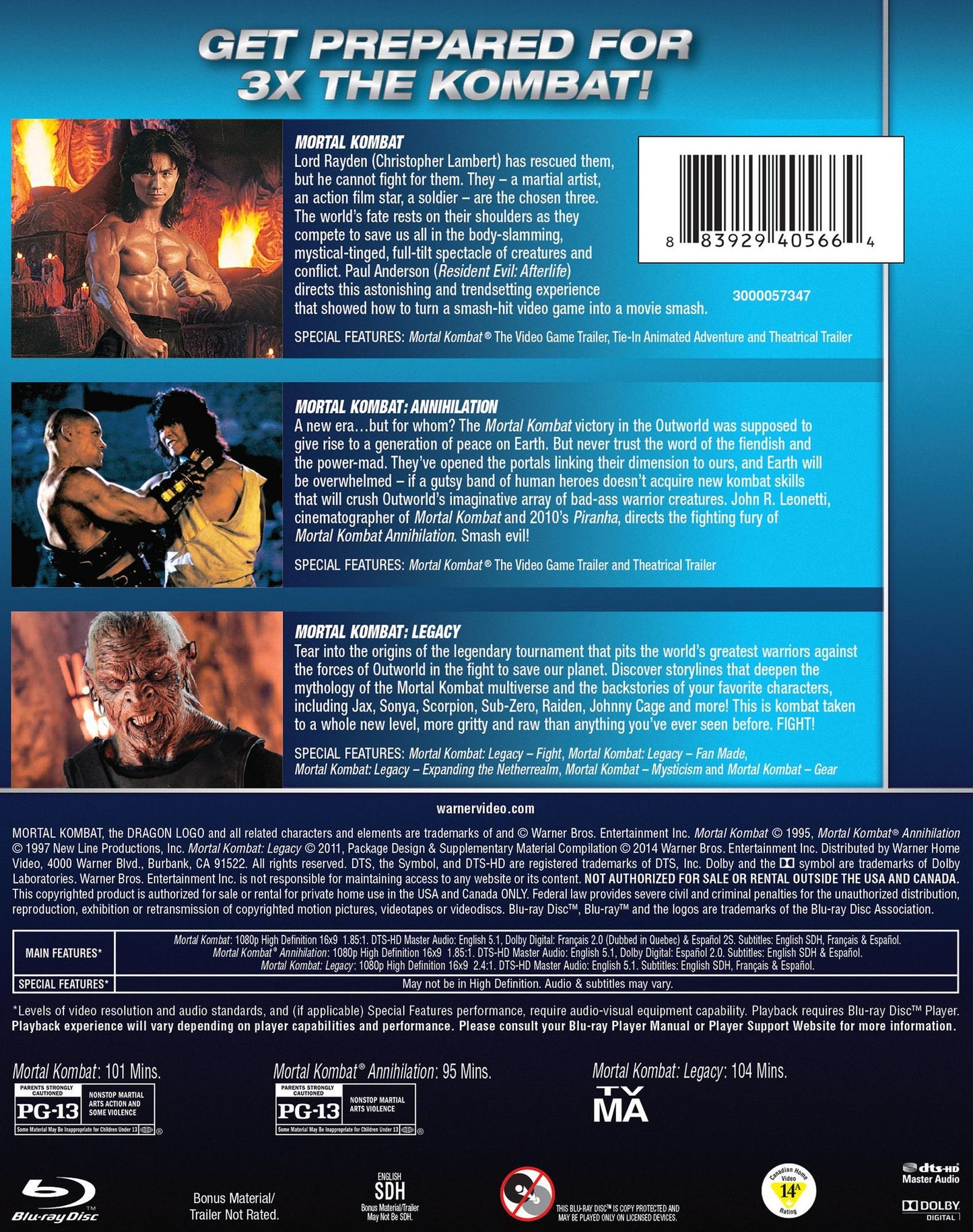 Mortal Kombat/Mortal Kombat: Annihilation/Mortal Kombat: Legacy [3 Discs] [Blu-ray]