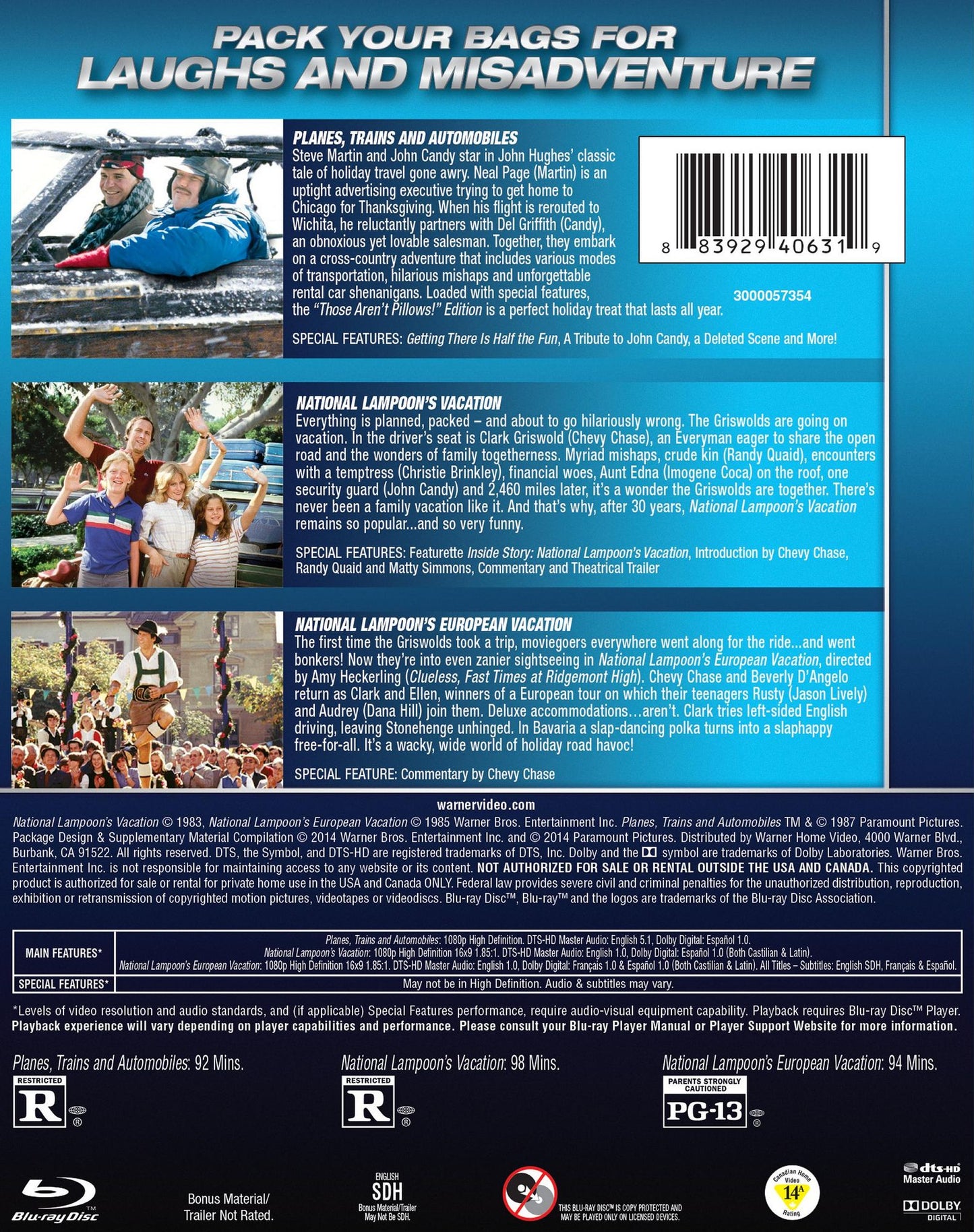 Planes, Trains And Automobiles/national Lampoon's Vacation/national Lampoon's European Vacation