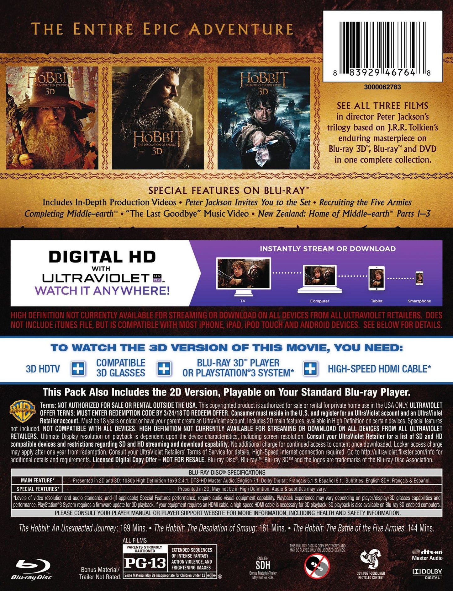 HOBBIT: PT.1-3 TRILOGY(3-D UVDC