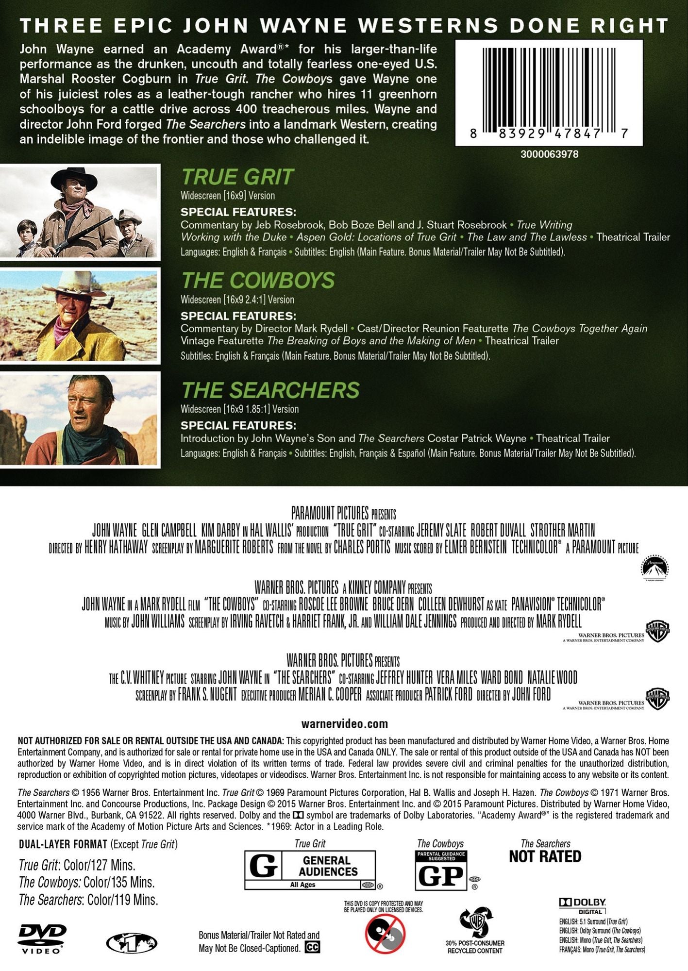 John Wayne Triple Feature: True Grit/The Cowboys/The Searchers [3 Discs]