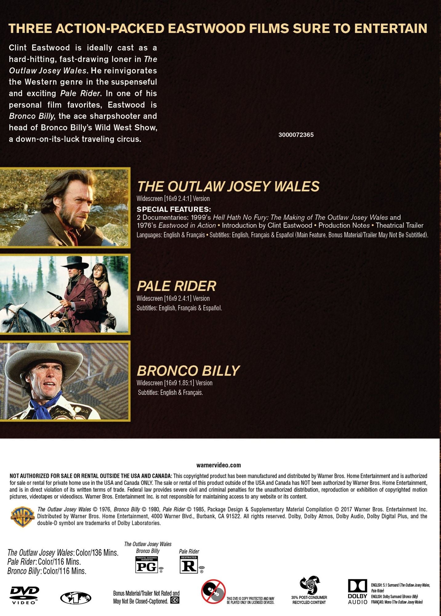The Outlaw Josey Wales/Pale Rider/Bronco Billy