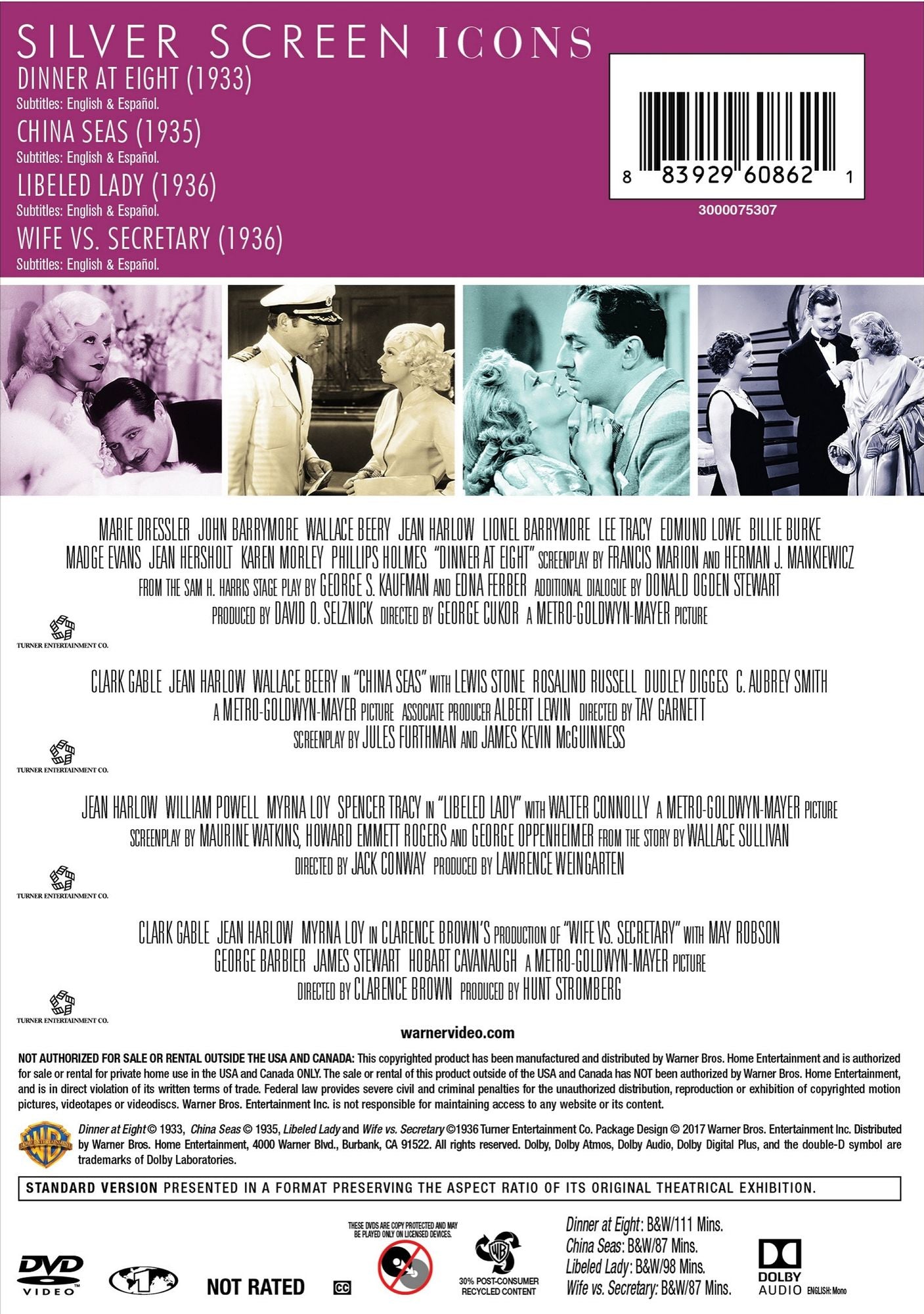 Silver Screen Icons: Jean Harlow - Dinner at Eight/China Seas/Libeled Lady/Wife Vs. Secretary