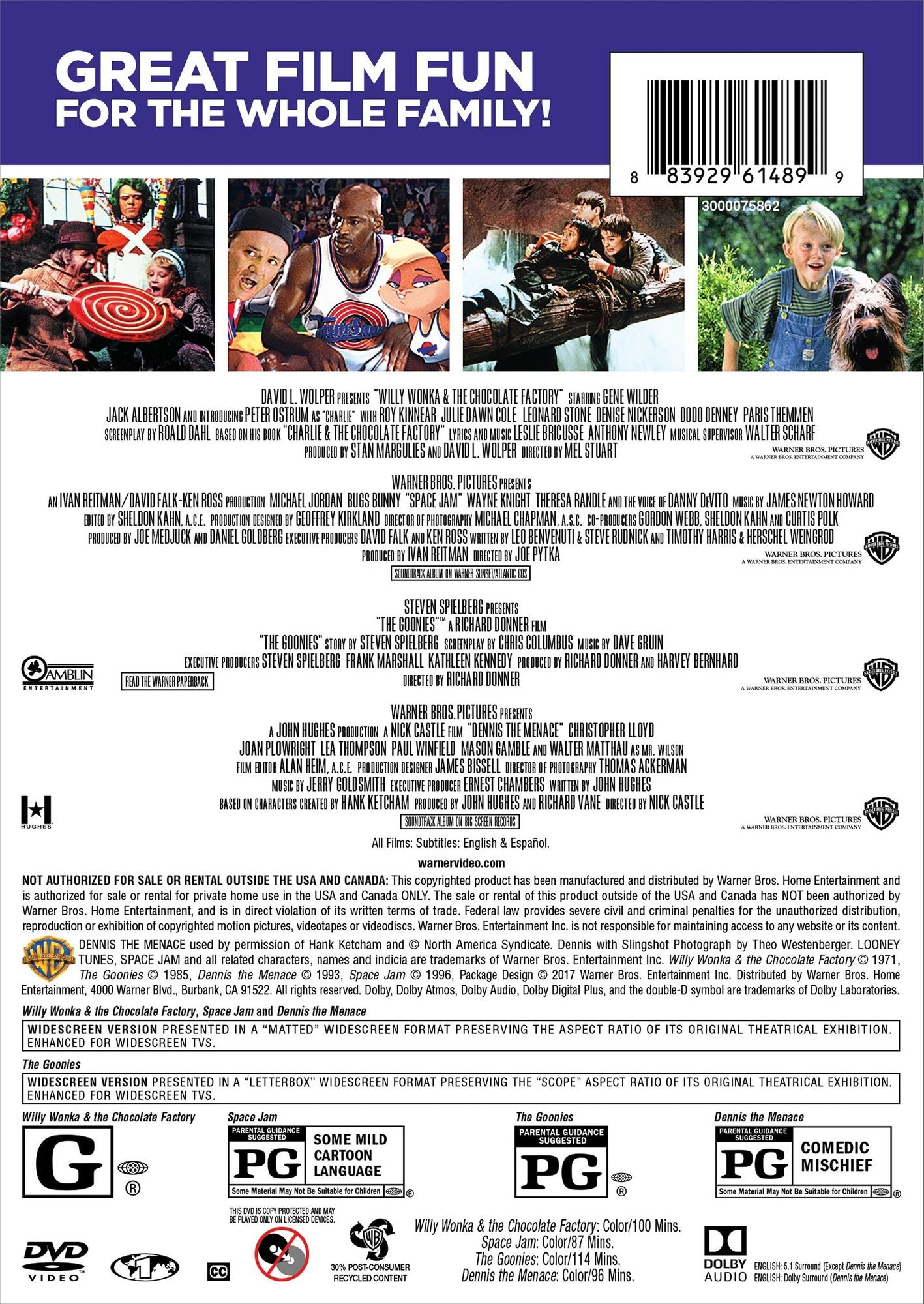 Willy Wonka and the Chocolate Factory/Space Jam/The Goonies/Dennis the Menace