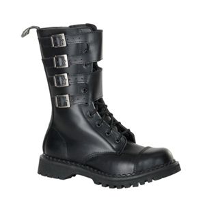 Demonia Attack-10 10 Eyelette Black Leather Steel Toe Calf Boot With 4 Buckles Size 9
