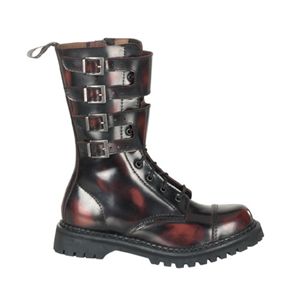 Demonia Attack-10 10 Eyelette Burgundy Le Steel Toe Calf Boot With 4 Buckles Size 12