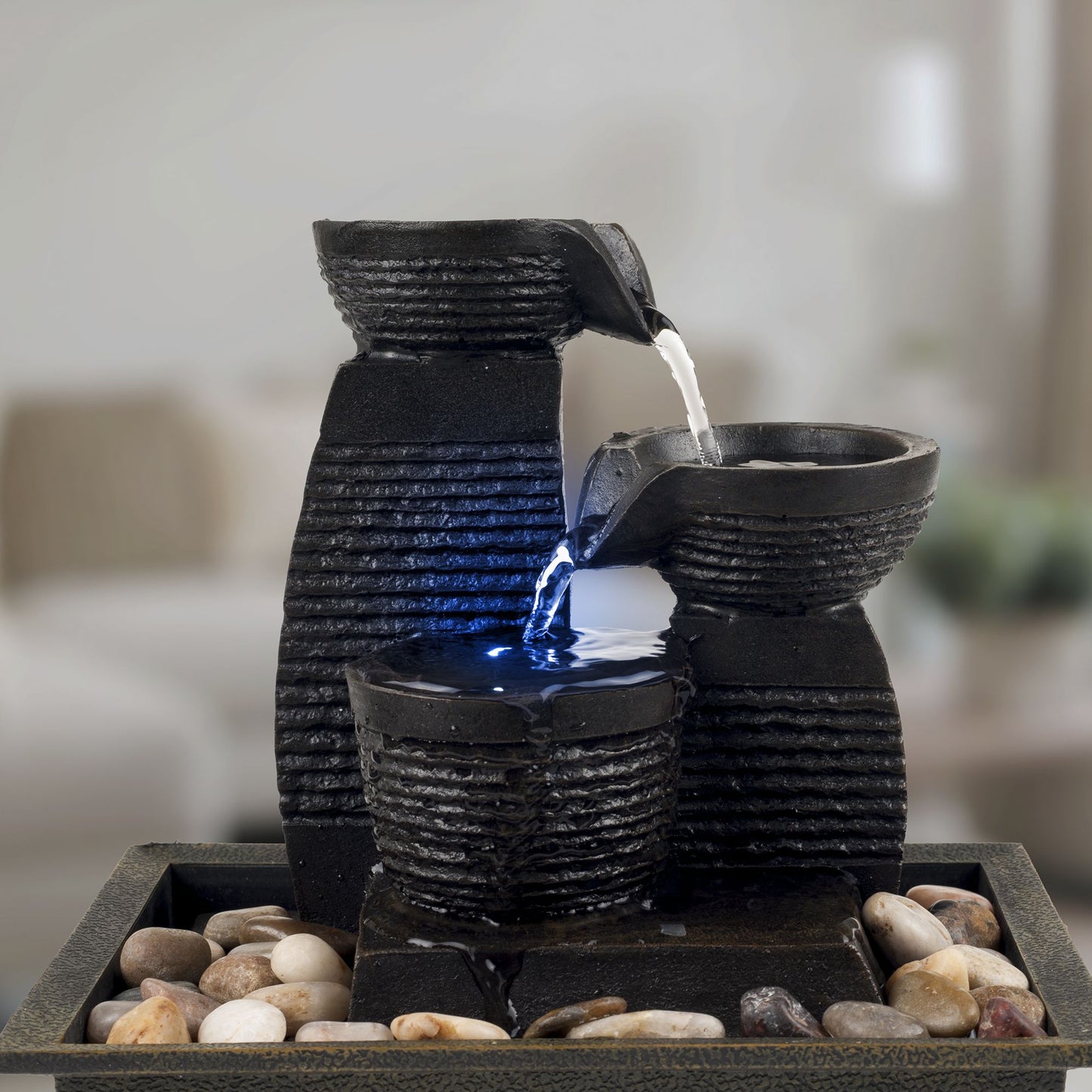 Pure Garden Triple Jug Tabletop Fountain with LED Lights