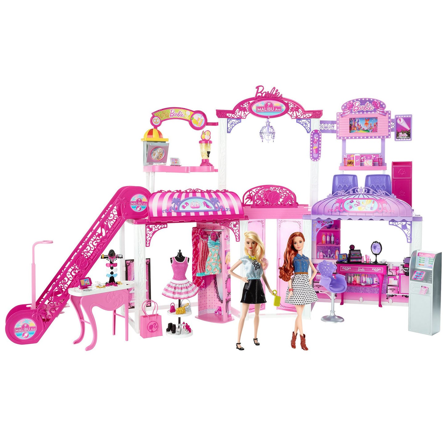 Barbie Malibu Ave 2-Story Mall with 2 Dolls - (50+ Pieces, 2' Tall, 4' Wide)