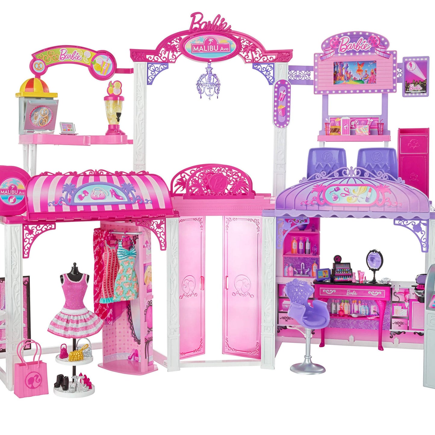 Barbie Malibu Ave 2-Story Mall with 2 Dolls - (50+ Pieces, 2' Tall, 4' Wide)