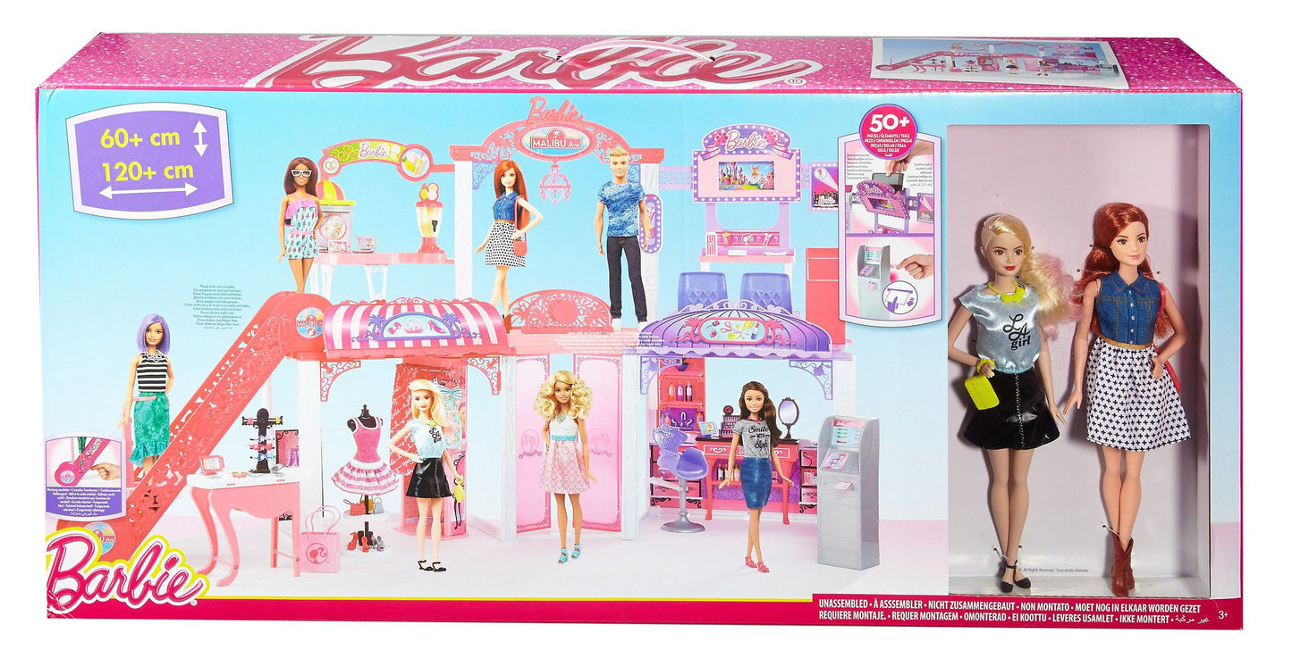 Barbie Malibu Ave 2-Story Mall with 2 Dolls - (50+ Pieces, 2' Tall, 4' Wide)