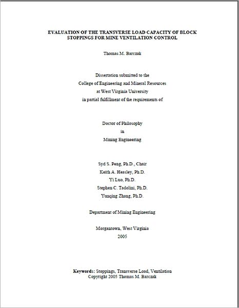 Evaluation of the Transverse Load Capacity of Block Stoppings for Mine Ventilation Control