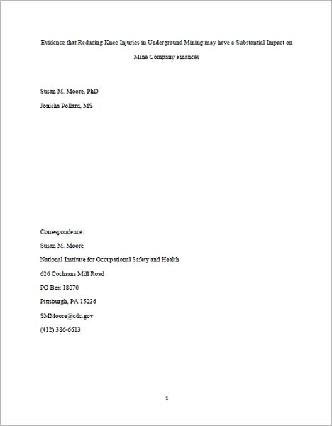 Evidence that Reducing Knee Injuries in Underground Mining may have a Substantial Impact on Mine Company Finances