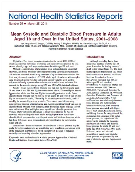 Mean Systolic and Diastolic Blood Pressure in Adults Aged 18 and Over in the United States, 2001–2008