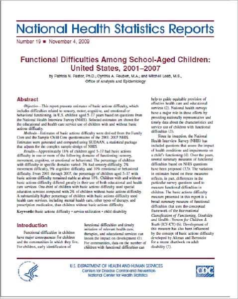 Functional Difficulties Among School-Aged Children: United States, 2001–2007