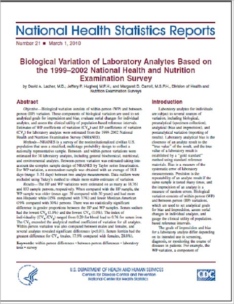 Biological Variation of Laboratory Analytes Based on the 1999–2002 National Health and Nutrition Examination Survey
