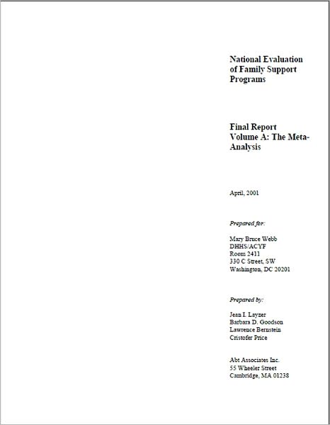 National Evaluation of Family Support Programs Volume A: The Meta-Analysis