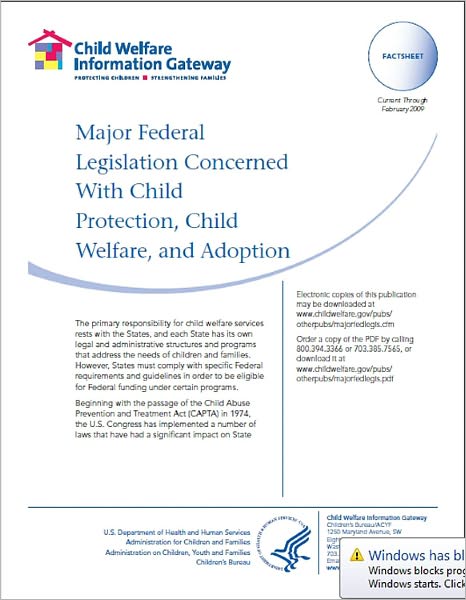 Major Federal Legislation Concerned With Child Protection, Child Welfare, and Adoption