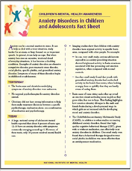 Children's Health and Mental Illness: Anxiety Disorders in Children and Adolescents Fact Sheet
