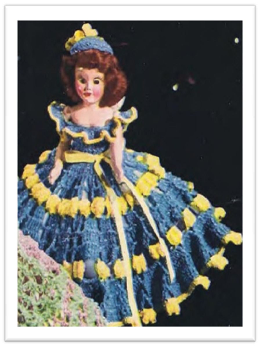 PATTERN #2485 BLUE AND BUTTERCUP SPANGLED DRESS AND HAT VINTAGE CROCHET