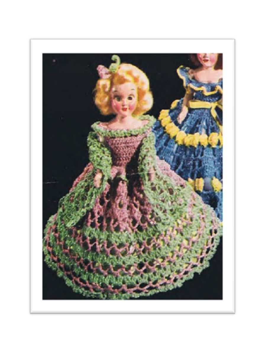 PATTERN #2486 CHARTREUSE AND PINK SPANGLED DRESS AND HAT VINTAGE CROCHET