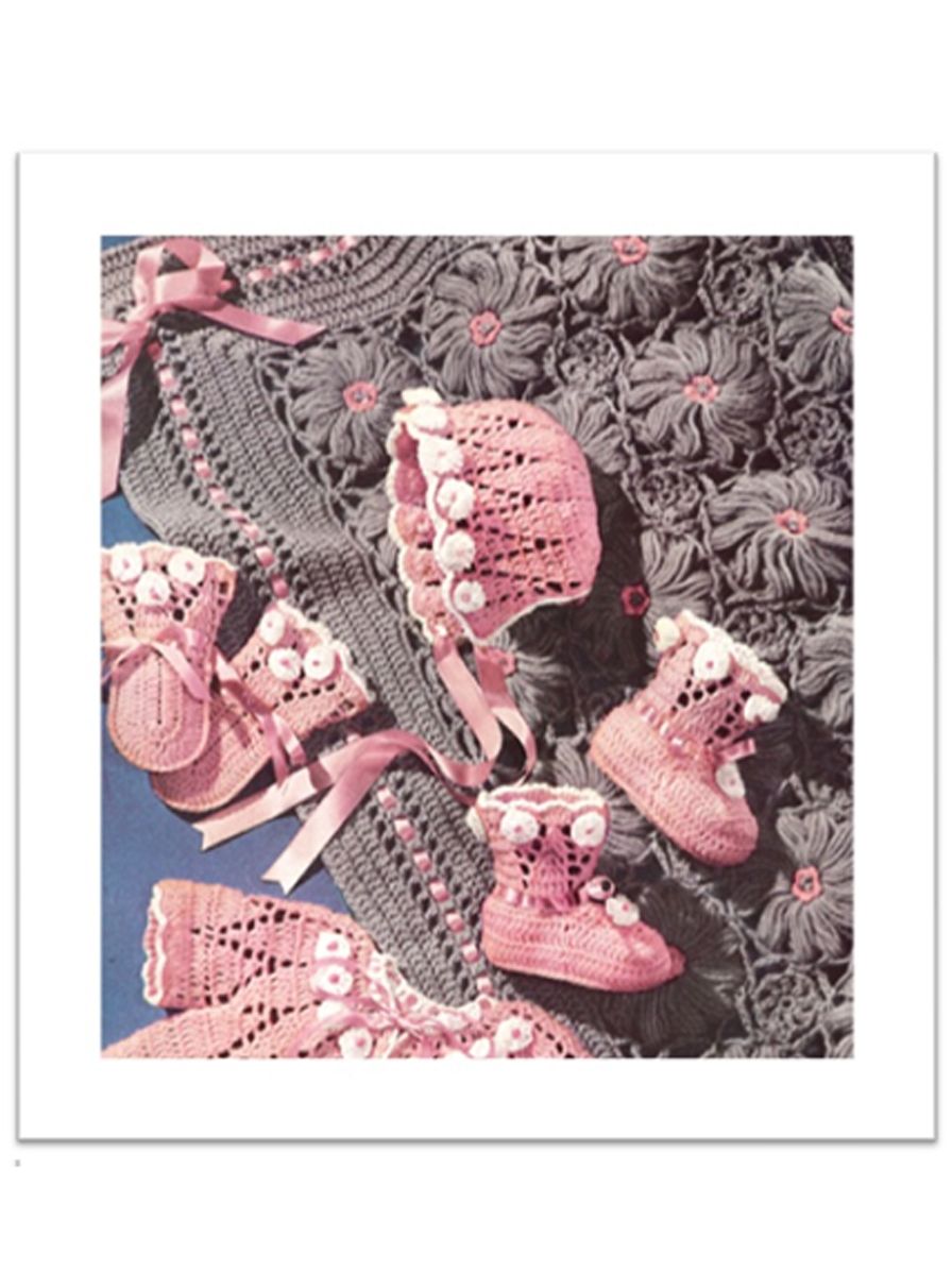 PATTERN #2367 CAP, SACQUE, MITTENS AND BOOTIES VINTAGE CROCHET