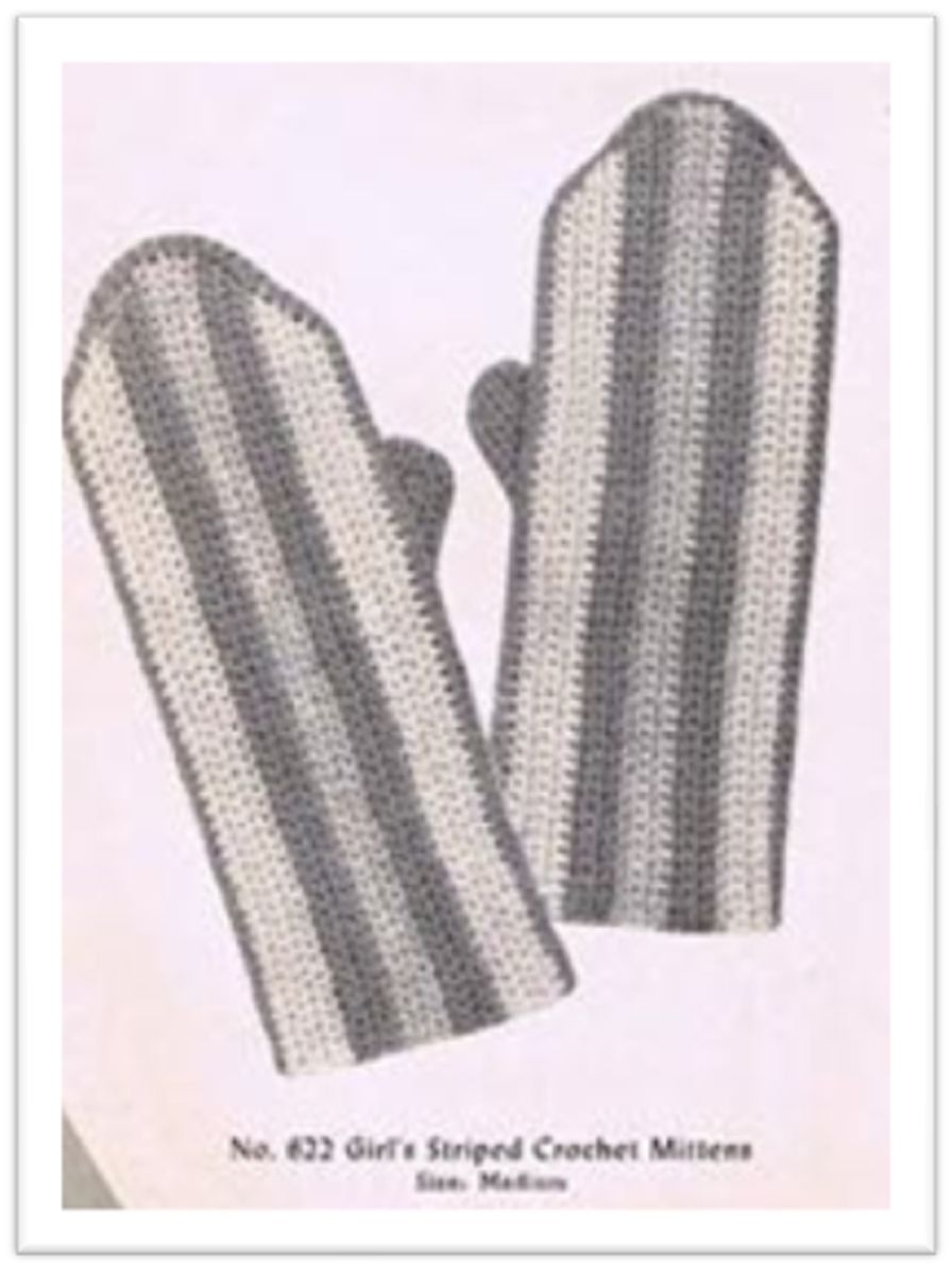 PATTERN #2598 GIRLS STRIPED CROCHET MITTENS VINTAGE CROCHET