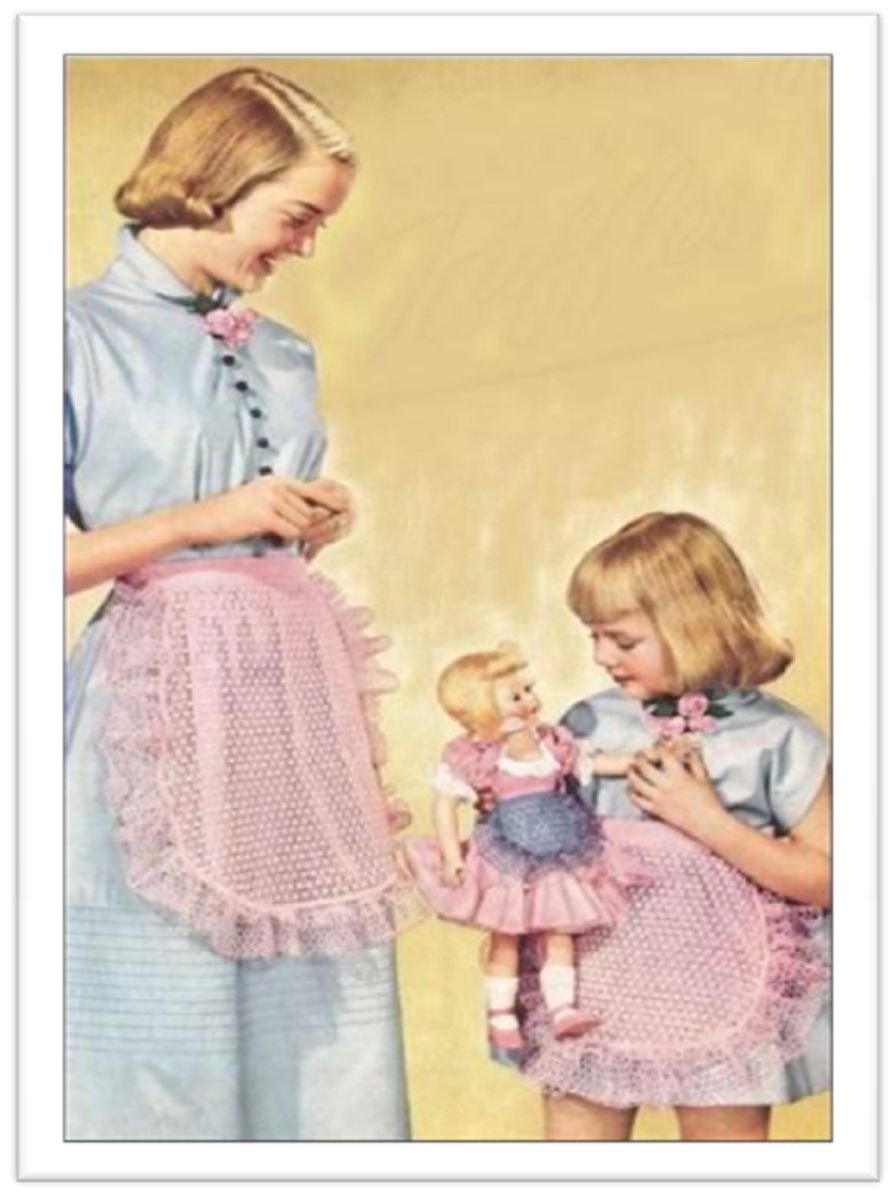 PATTERN #2027 FRILLY APRONS FOR MOTHER DAUGHTER AND DOLL VINTAGE CROCHET