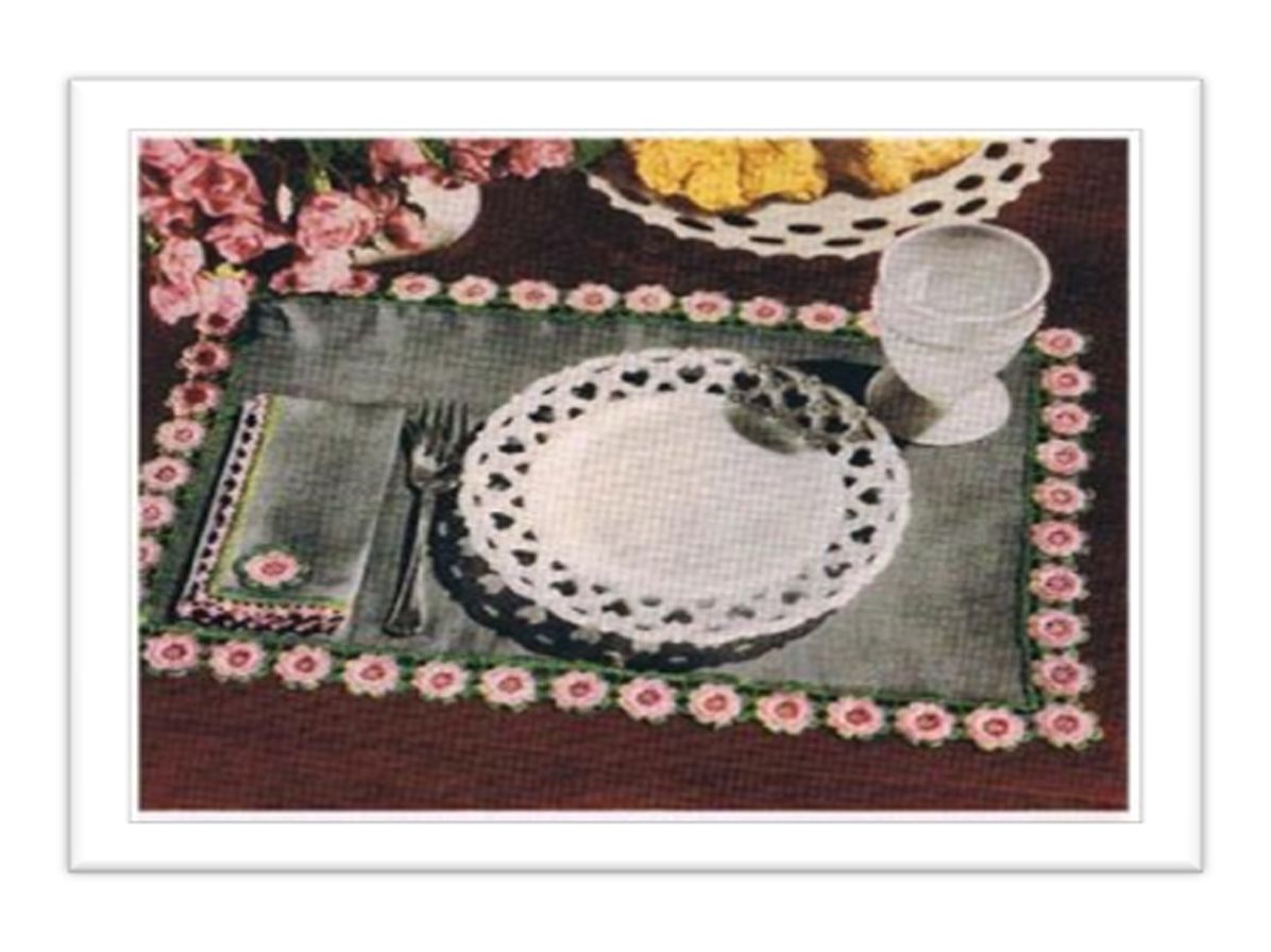 PATTERN #1193 GRAY PLACE MATS WITH ROSE BORDER AND NAPKINS VINTAGE CROCHET