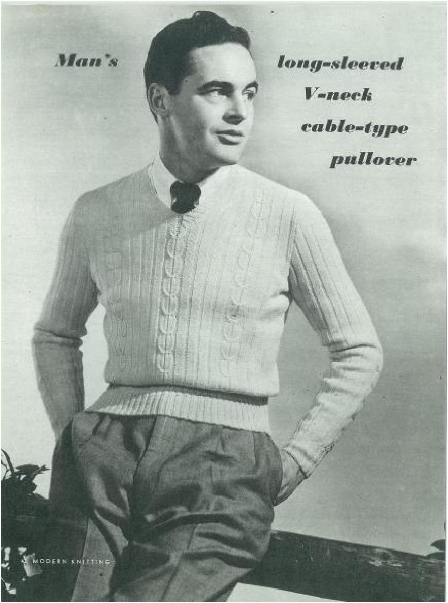 PATTERN #1353 MAN'S LONG SLEEVED V-NECK CABLE-TYPE PULL OVER VINTAGE KNITTING