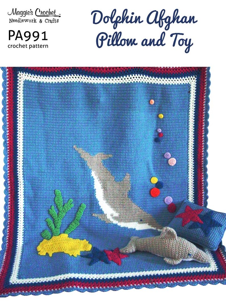 PA991-R Dolphin Afghan, Pillow & Toy Crochet Pattern