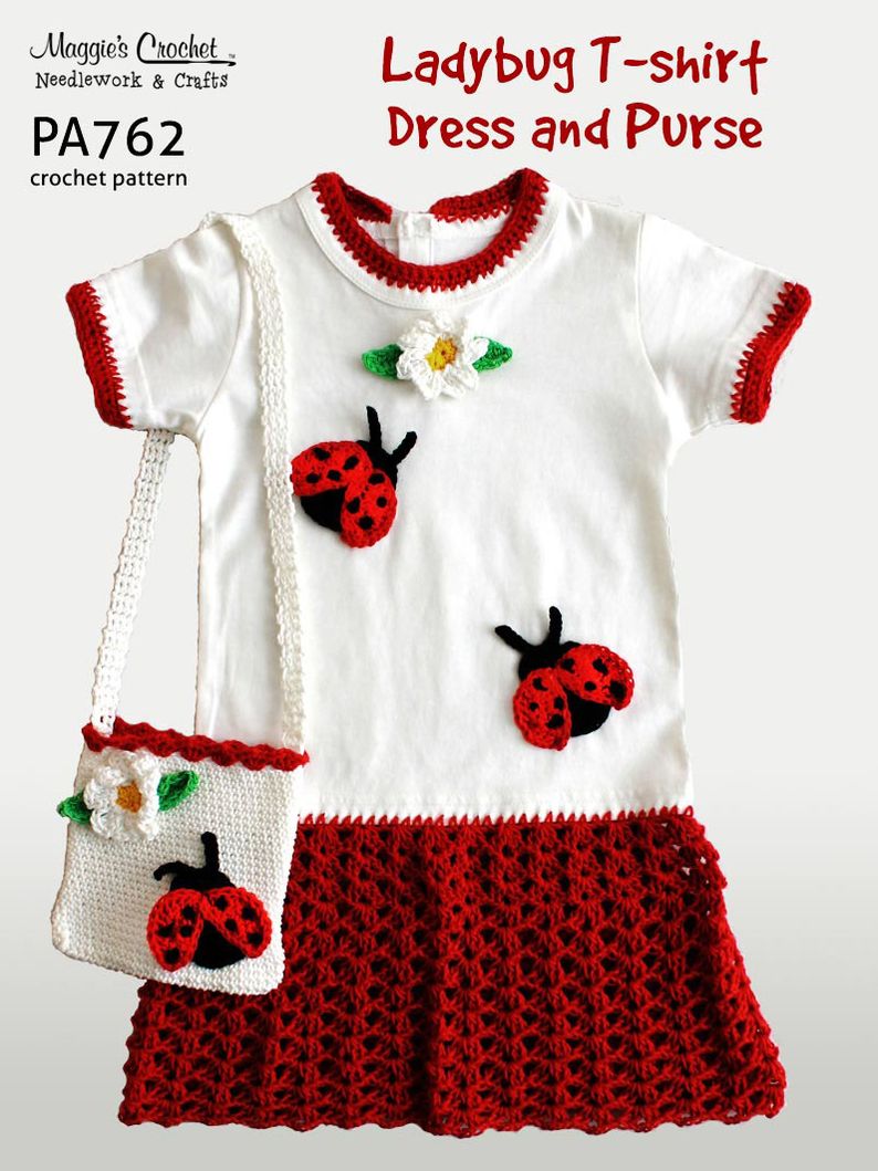 PA762-R Lady Bug T-Shirt Dress and Purse Crochet Pattern